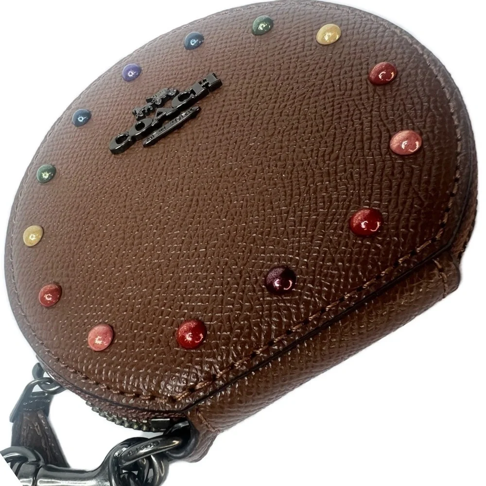 COACH ROUND COIN CASE RAINBOW RIVETS 
DARK SADDLE PRIDE ANTIQUE NICKEL F31574 - Picture 2 of 11